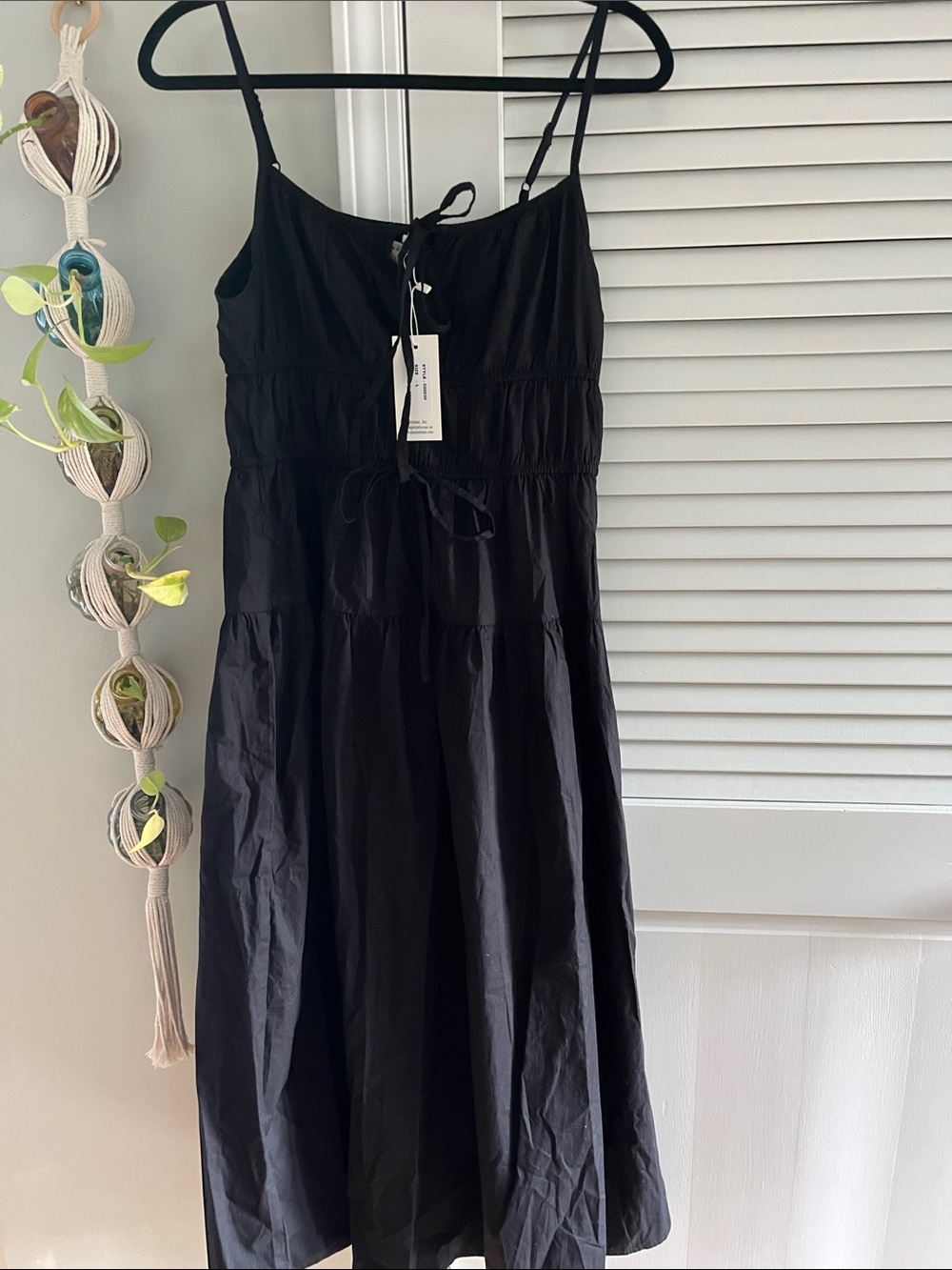 Women's Black Spaghetti-Strap Midi Dress with Tie Details